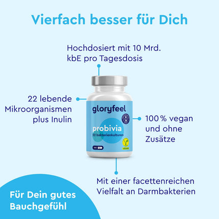 Probivia® Culture Complex with 500 billion CFU/g* - 22 bacterial strains + inulin - 180 gastro-resistant capsules - including Lactobacillus, Bifidobacterium -*this corresponds to 10 billion CFU per daily dose