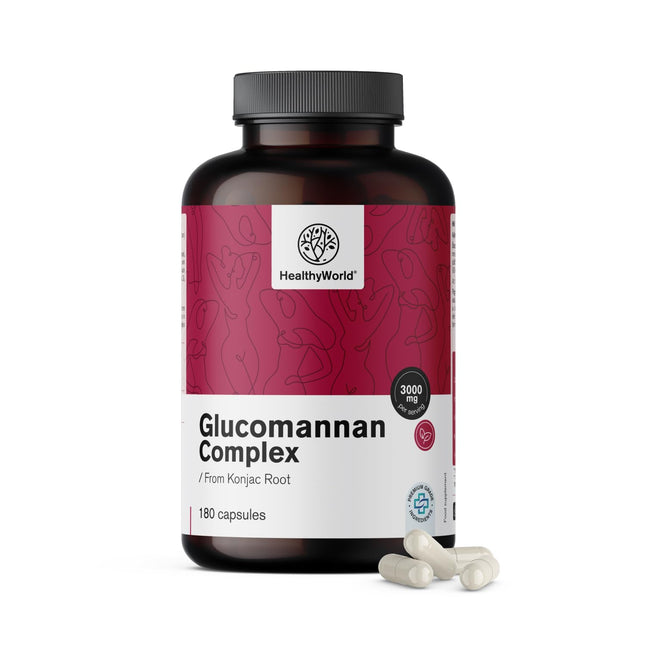 HealthyWorld® Glucomannan Complex 3000 mg – From Konjac Root – 180 Capsules – To Support Weight Loss – With Added Choline, Chromium, Vitamins D3 and B3 – Non-GMO – 1-Month Supply