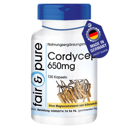 Fair &amp; Pure® - Cordyceps 650mg - 120 Capsules - Cordyceps Sinensis - without magnesium stearate - vegan