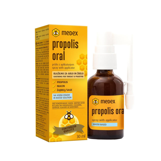 Medex Propolis Oral, propolis spray, mouth and throat spray, water-based, alcohol-free; with honey, sage, niacin, echinacea, standardized bioflavonoids, with applicator, 30 ml