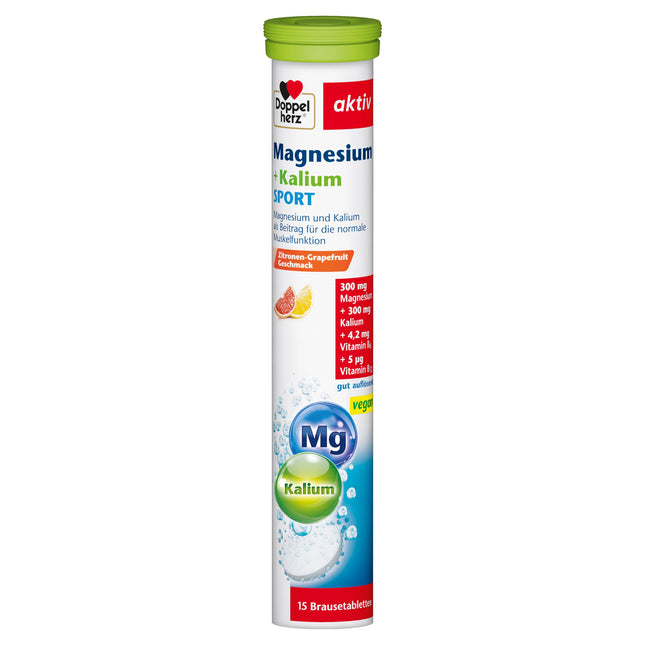 Doppelherz Magnesium + Potassium SPORT - Magnesium and potassium contribute to normal muscle function - vegan - 15 effervescent tablets with lemon-grapefruit flavor