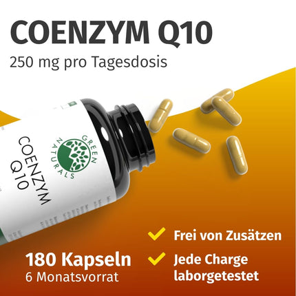 Coenzyme Q10 high dose – 250mg per capsule – 180 vegan capsules – 6-month supply – high-quality Q10 derived from fermentation – Green Naturals®