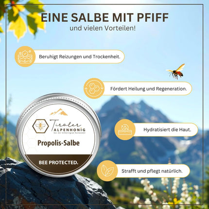 Propolis ointment with beeswax, olive oil, propolis tincture, and shea butter. Ointment (40g) made with Tyrolean Alpine honey in the Tyrolean mountains.