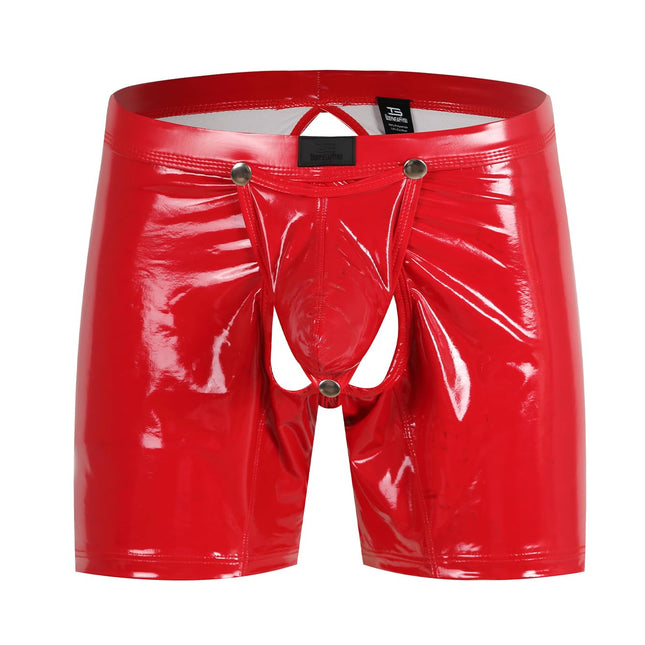 Bodywear4you men's leather boxer shorts with shiny patent leather look, open butt, wetlook sexy underwear, lingerie for men, clubwear jockstraps briefs thong with open crotch, ouvert shorts pants (red, XL)