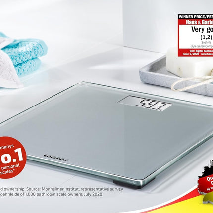 Soehnle Style Sense Compact 300 personal digital scale with extra-large platform, scale with easy-to-read LCD display, personal scale in extra-flat design, body scale made of safety glass