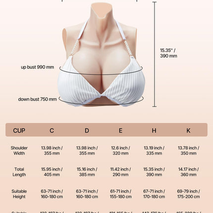 VEVOR High Neck Silicone Breast Forms, K-Large, Realistic Skin-Temperature Silicone Filled, High Elasticity, for Crossdresser, Transgender, Amateur, Cosplay, Drag Queen, Ivory