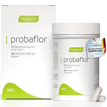 Nupure® Probaflor with 345 billion CFU/g*, 110 capsules with 11 special bacterial strains, With inulin and Lactobacillus salivarius SP2, Better protection thanks to special container, Vegan
