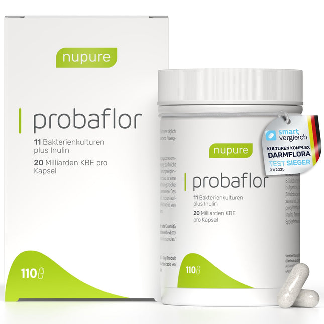 Nupure® Probaflor with 345 billion CFU/g*, 110 capsules with 11 special bacterial strains, With inulin and Lactobacillus salivarius SP2, Better protection thanks to special container, Vegan