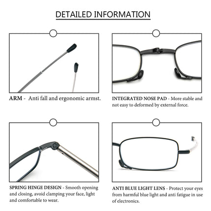 KoKoBin Foldable 2 Pack Reading Glasses Made of Stainless Steel Mini Anti-Blue Vision Aid for Men and Women Reading Aid with Hard Case 2.0