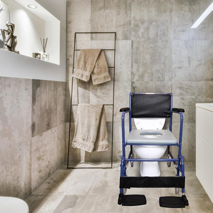 Mobiclinic, Commode Chair with Wheels, Barco, European Brand, Toilet Seat for the Elderly and Disabled, Toilet Seat, Folding Armrests, Removable Footrests, Lid, Parking Brake, Blue