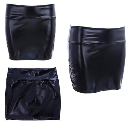 SamHeng Women's Mini Skirt Stretch Metallic Skinny Short Wetlook Sexy High Waist Wrap PU Leather Skirts Slim Faux Leather Pencil Skirts Bodycon Disco Steampunk Party Skirts Clubwear, Black