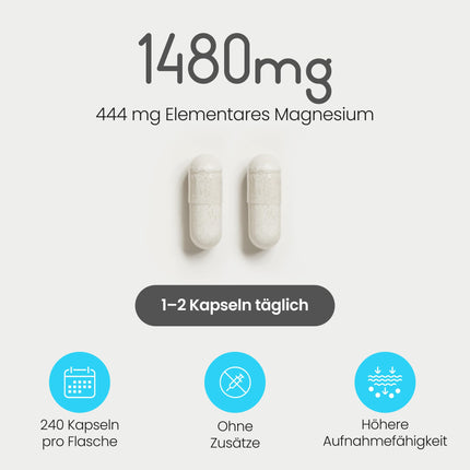 Magnesium Citrate Capsules 240, 1480mg Magnesium Complex Powder High Dose (444mg Elemental Mg) Vegan, No Additives, Magnesium Citrate Powder Laboratory/Sports, Mg Citrate VitaBright
