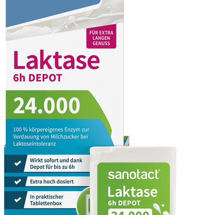sanotact Lactase 24,000 6h DEPOT (40 lactase tablets) • Lactose tablets with depot effect • For lactose intolerance &amp; milk intolerance • Immediate effect &amp; 6h long-term depot