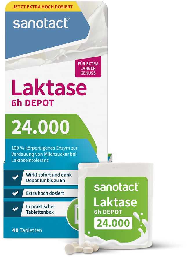 sanotact Lactase 24,000 6h DEPOT (40 lactase tablets) • Lactose tablets with depot effect • For lactose intolerance &amp; milk intolerance • Immediate effect &amp; 6h long-term depot