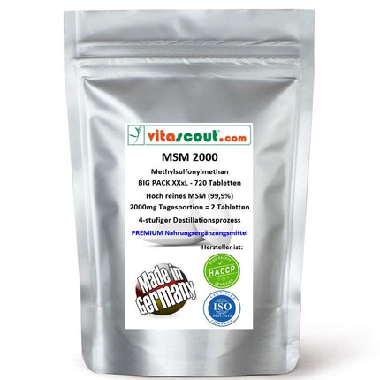 MSM - Methylsulfonylmethane - 720 tablets - 2000mg daily serving (=2 tablets) - 99.9% purity - LABORATORY TESTED - high dosage - MADE IN GERMANY