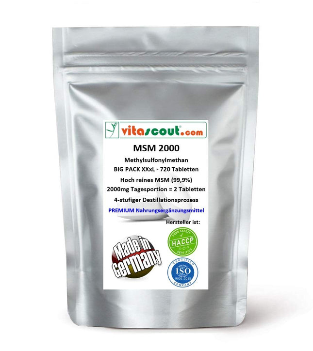 MSM - Methylsulfonylmethane - 720 tablets - 2000mg daily serving (=2 tablets) - 99.9% purity - LABORATORY TESTED - high dosage - MADE IN GERMANY