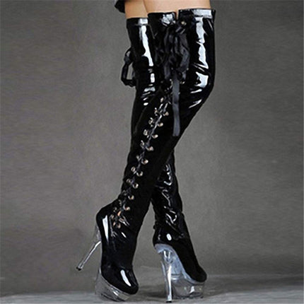 HOMDREAM High Heels 15CM Stretch Overknee Boots Catwalk Ribbon High Heel Stage Boots,Black-45