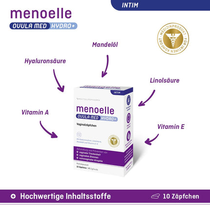 menoelle® OVULA med Hydro+ for the treatment of vaginal dryness, burning, itching, tightness, and irritated or inflamed vaginal mucosa – hormone-free &amp; regenerating. 10 suppositories.