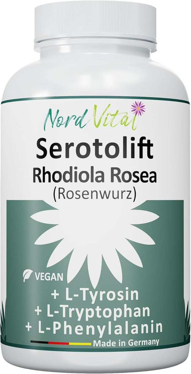 Nord Vital Serotolift - Serotonin and Dopamine Precursors - Rhodiola Rosea, L-Tryptophan, L-Tyrosine, L-Phenylalanine, Chromium, Zinc, Vitamins D3, B5, B6, B9 and B12 - Vegan - Made in Germany