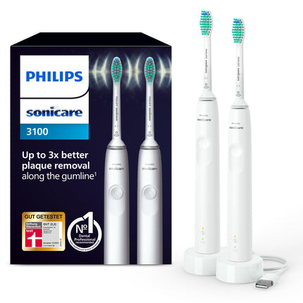 Philips Sonicare 3100 electric toothbrush, sonic toothbrush, pressure control and timer, white, two-pack, model HX3675/13