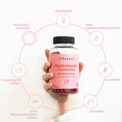 Multivitamin Gummies for Children, 120 Pieces | Gummies with 13 vitamins and minerals (Vitamin C, D3, Biotin, Folic Acid, Zinc &amp; more) | Strawberry Flavored