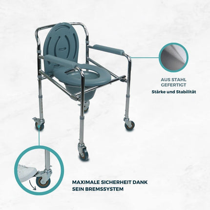 Mobiclinic®, Commode chair with wheels, Muelle, European brand, For the elderly and disabled, Non-slip, Lid, Padded armrests, Chrome steel, Height adjustable, Bucket easy to pull out