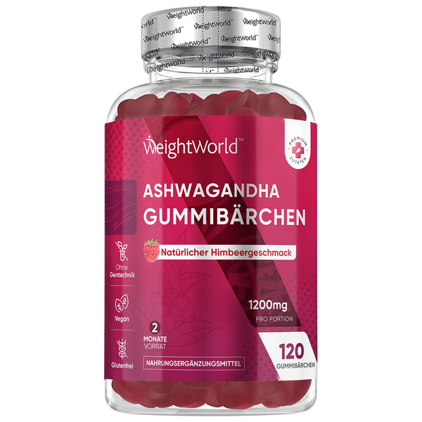 Ashwagandha 1200mg - 120 Gummies - 2 Month Supply - Vegan &amp; Gluten-Free - Natural Raspberry Flavor - Ashwagandha Root Extract (Withania Somnifera) by WeightWorld