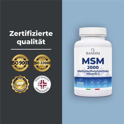 Bandini® MSM - 2000mg with 40mg Vitamin C per daily dose - More compact methylsulfonylmethane powder than capsules - No magnesium stearate, high dosage, vegan, no additives, laboratory tested - 200 tablets