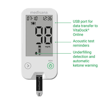 Medisana MediTouch 2 mg/dL blood glucose meter, starter set with test strips for diabetics, lancets for blood glucose monitoring, diabetes set, rapid test