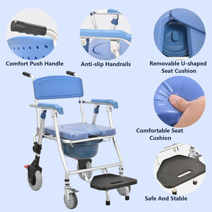 Commode chair for seniors with wheels, comfortable shower chair with armrests and soft seat, multifunctional shower and commode chair, foldable with brake