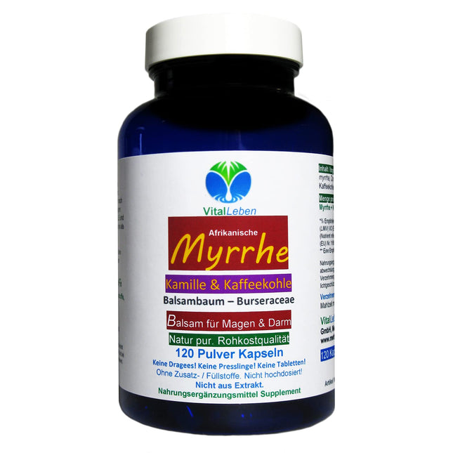 MYRRH + CHAMOMILE + COFFEE CHARCOAL 120 powder capsules for the stressed intestine according to AYURVEDA and Hildegard von Bingen - PURE NATURE - WITHOUT ADDITIVES [2 months] 27160-120