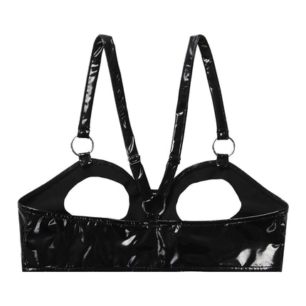 TiaoBug Women's Wetlook Open Bra Erotic Underwear Sexy Lingerie Patent Leather Bra Sexy Nightwear Top Gogo Costume Clubwear Black B 4XL