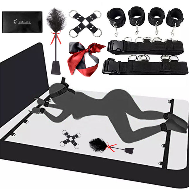 BDSMAGE BDSM set with 9 pieces, SM bed sets, ostrich feather whip and satin eye mask, handcuffs, ankle cuffs, cross buckle, fetish restraints sex toy extreme bondage set on the bed for couples