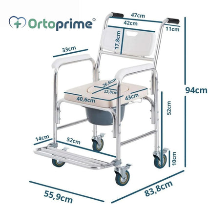 OrtoPrime Commode Chair with Wheels – 3 in 1 – Commode Chair for Seniors – Folding Commode Chair – Shower Commode Chair – Height-Adjustable Toilet Chair – Mobile Commode Chair