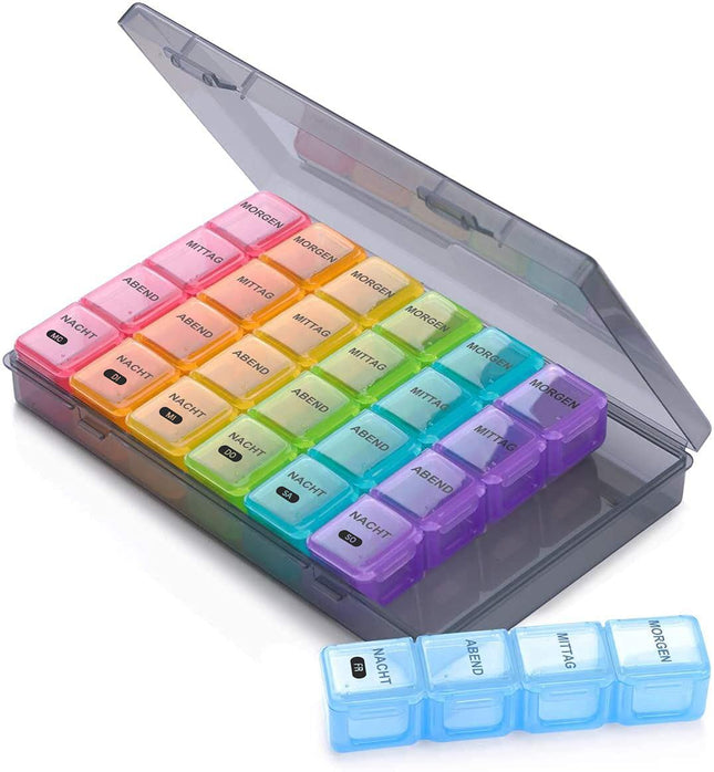 SUKUOS Pill Box 7 Days Small Pill Box 7 Days 4 Compartments German Medicine Box Travel Morning Noon Evening Night