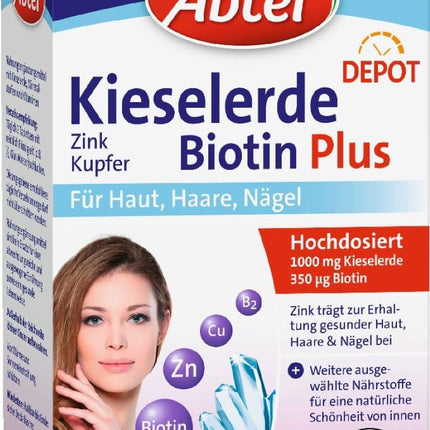 Abtei Kieselerde Biotin Plus - with zinc for beautiful skin, hair, and nails - Depot technology with long-term effect - vegan - 56 tablets
