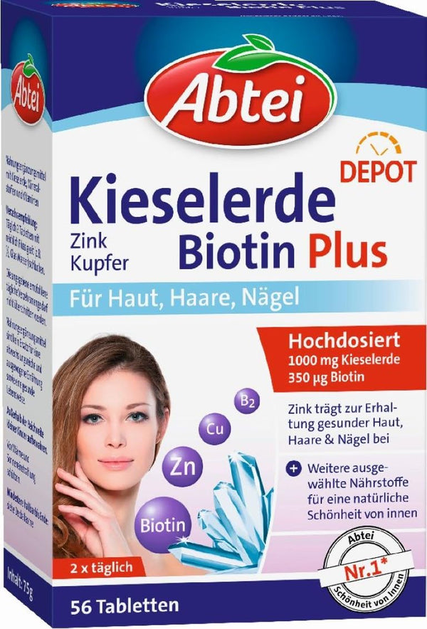 Abtei Kieselerde Biotin Plus - with zinc for beautiful skin, hair, and nails - Depot technology with long-term effect - vegan - 56 tablets