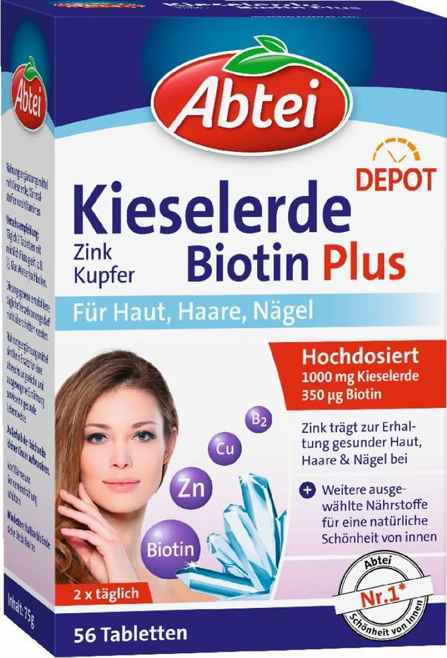 Abtei Kieselerde Biotin Plus - with zinc for beautiful skin, hair, and nails - Depot technology with long-term effect - vegan - 56 tablets