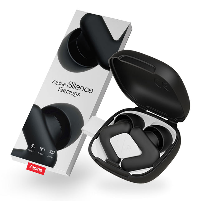 Alpine Silence - Ultra-comfortable earplugs for sleeping, concentrating &amp; traveling - Reusable hearing protection earplugs - Innovative V-shape &amp; soft plugs in XS/S/M/L - Black