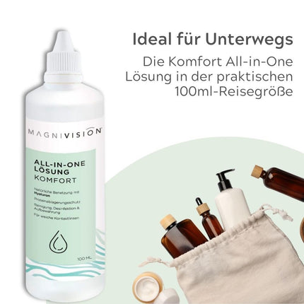 MAGNIVISION All-in-One Solution Comfort, 100ml (travel size) for soft contact lenses, for cleaning and storing soft contact lenses, borate-free, Made in Europe