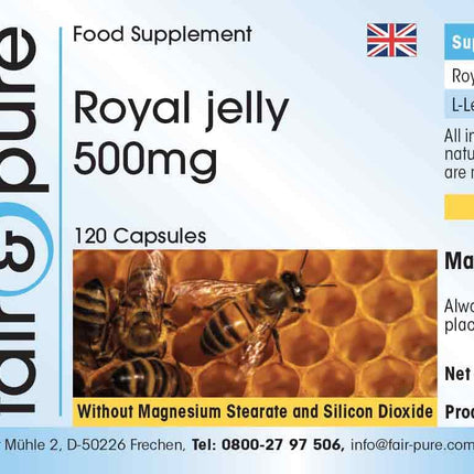 Fair &amp; Pure® - Royal Jelly 500 mg - 120 Capsules - Standardized to 4% 10-HDA - Gently freeze-dried