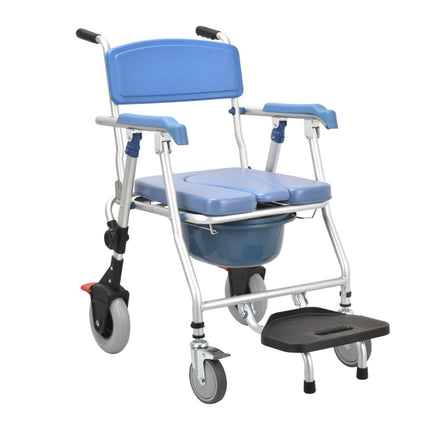 Commode chair for seniors with wheels, comfortable shower chair with armrests and soft seat, multifunctional shower and commode chair, foldable with brake