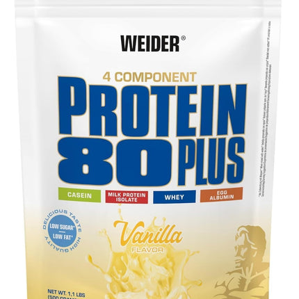 Weider - Protein 80 Plus - 4-component protein powder - High protein content with 80% protein - Creamy shakes with calcium &amp; vitamin B6 - 500g - Vanilla