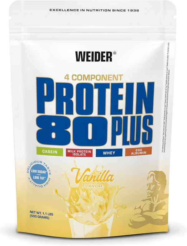 Weider - Protein 80 Plus - 4-component protein powder - High protein content with 80% protein - Creamy shakes with calcium &amp; vitamin B6 - 500g - Vanilla