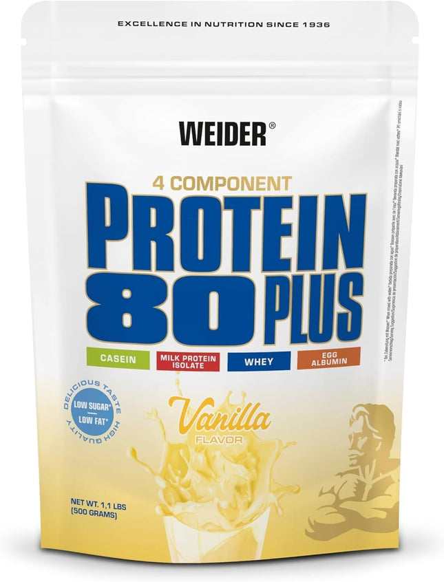 Weider - Protein 80 Plus - 4-component protein powder - High protein content with 80% protein - Creamy shakes with calcium &amp; vitamin B6 - 500g - Vanilla