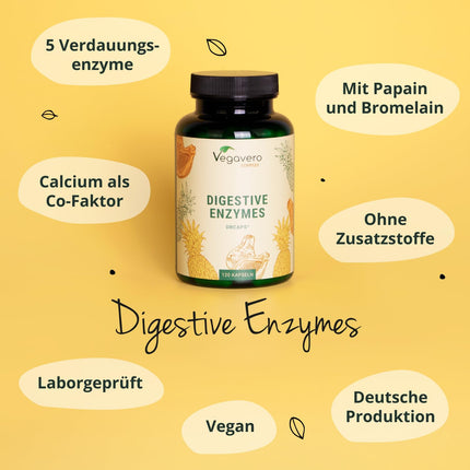 Enzyme Complex | Bromelain - Papain - Amylase - Lipase - Cellulase | Enteric-coated DRCaps® | Natural digestive enzymes | Laboratory-tested | No additives | German production Vegavero®