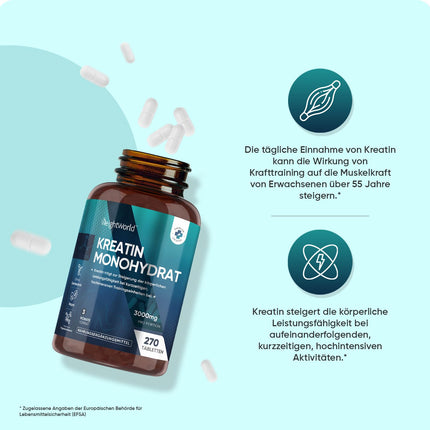 Creatine Monohydrate Tablets - 3000mg per Serving - 270 Vegan Creatine Tablets - 3 Month Supply - Creatine - Alternative to Capsules &amp; Powder - Gluten &amp; Magnesium Stearate Free - WeightWorld