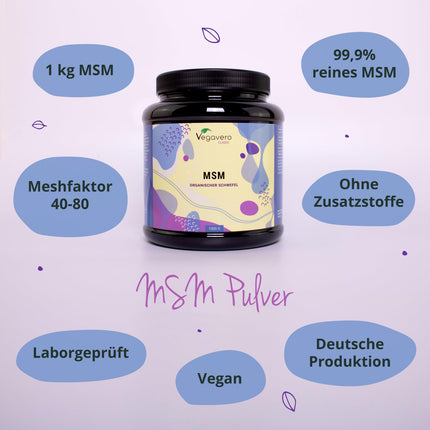 MSM Powder 1000 g Vegavero® | 99.9% pure | German production | Methylsulfonylmethane | Organic sulfur | Crystalline | Laboratory tested and additive-free | Vegan