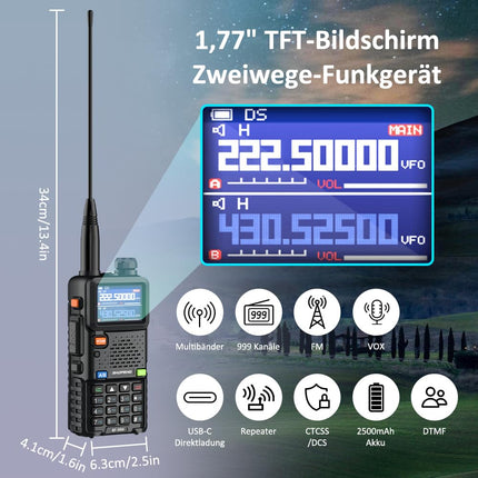 BAOFENG 5RM Dual Band Radio for UHF VHF Licensed Required Amateur Radio Powerful Handheld Radio Long Range 999 Channels FM Radio VOX DTMF Walkie Talkie with 2500mAh Battery