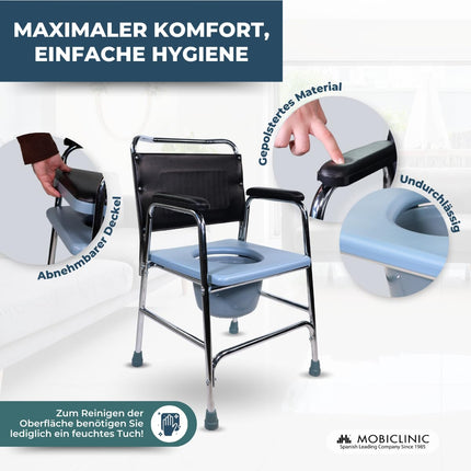 Mobiclinic®, Commode Chair, Velero, European brand, Toilet seat for the elderly and disabled, Toilet chair, Non-slip, With lid, Padded armrests seat